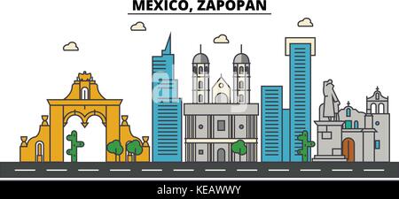Mexiko, zapopan. Skyline der Stadt, Architektur, Gebäude, Straßen, Silhouette, Landschaft, Panorama, Sehenswürdigkeiten, Symbole. bearbeitbaren Anschläge. Flaches Design line Vector Illustration Konzept Stock Vektor