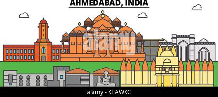 Ahmedabad, Indien, Asiatische. Skyline der Stadt, Architektur, Gebäude, Straßen, Silhouette, Landschaft, Panorama, Wahrzeichen. bearbeitbaren Anschläge. Flaches Design line Vector Illustration Konzept. isolierte Symbole gesetzt Stock Vektor