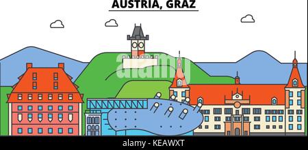 Österreich, Graz. Skyline der Stadt, Architektur, Gebäude, Straßen, Silhouette, Landschaft, Panorama, Wahrzeichen. bearbeitbaren Anschläge. Flaches Design line Vector Illustration Konzept. isolierte Symbole gesetzt Stock Vektor