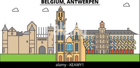 Belgien, Antwerpen. Skyline der Stadt, Architektur, Gebäude, Straßen, Silhouette, Landschaft, Panorama, Wahrzeichen. bearbeitbaren Anschläge. Flaches Design line Vector Illustration Konzept. isolierte Symbole gesetzt Stock Vektor