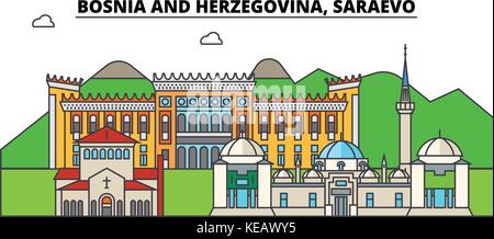 Bosnien und Herzegowina, saraevo. Skyline der Stadt, Architektur, Gebäude, Straßen, Silhouette, Landschaft, Panorama, Wahrzeichen. bearbeitbaren Anschläge. Flaches Design line Vector Illustration Konzept Stock Vektor