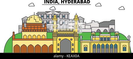 Hyderabad, Indien, Hinduismus. Skyline der Stadt, Architektur, Gebäude, Straßen, Silhouette, Landschaft, Panorama, Wahrzeichen. bearbeitbaren Anschläge. Flaches Design line Vector Illustration Konzept. isolierte Symbole Stock Vektor