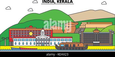 Indien, Kerala, Hinduismus. Skyline der Stadt, Architektur, Gebäude, Straßen, Silhouette, Landschaft, Panorama, Wahrzeichen. bearbeitbaren Anschläge. Flaches Design line Vector Illustration Konzept. isolierte Symbole gesetzt Stock Vektor