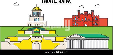 Israel, Haifa. Skyline der Stadt, Architektur, Gebäude, Straßen, Silhouette, Landschaft, Panorama, Wahrzeichen. bearbeitbaren Anschläge. Flaches Design line Vector Illustration Konzept. isolierte Symbole gesetzt Stock Vektor