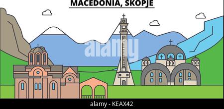 Mazedonien, Skopje, Berg. Skyline der Stadt, Architektur, Gebäude, Straßen, Silhouette, Landschaft, Panorama, Wahrzeichen. bearbeitbaren Anschläge. Flaches Design line Vector Illustration Konzept. isolierte Symbole Stock Vektor