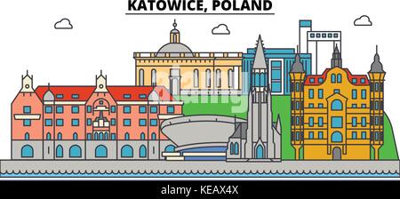 Polen, Kattowitz. Skyline der Stadt, Architektur, Gebäude, Straßen, Silhouette, Landschaft, Panorama, Wahrzeichen. bearbeitbaren Anschläge. Flaches Design line Vector Illustration Konzept. isolierte Symbole gesetzt Stock Vektor