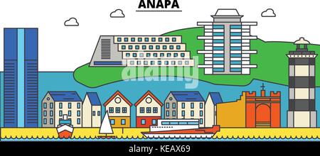 Russland, Anapa, Schwarze Meer. Skyline der Stadt, Architektur, Gebäude, Straßen, Silhouette, Landschaft, Panorama, Wahrzeichen. bearbeitbaren Anschläge. Flaches Design line Vector Illustration Konzept. isolierte Symbole gesetzt Stock Vektor