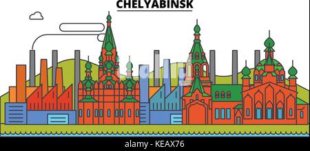 Russland, Tscheljabinsk, Industrie. Skyline der Stadt, Architektur, Gebäude, Straßen, Silhouette, Landschaft, Panorama, Wahrzeichen. bearbeitbaren Anschläge. Flaches Design line Vector Illustration Konzept Stock Vektor