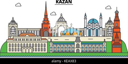 Russland, Kasan. Skyline der Stadt, Architektur, Gebäude, Straßen, Silhouette, Landschaft, Panorama, Wahrzeichen. bearbeitbaren Anschläge. Flaches Design line Vector Illustration Konzept. isolierte Symbole gesetzt Stock Vektor