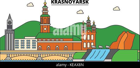 Russland, Krasnoyarsk. Skyline der Stadt, Architektur, Gebäude, Straßen, Silhouette, Landschaft, Panorama, Wahrzeichen. bearbeitbaren Anschläge. Flaches Design line Vector Illustration Konzept. isolierte Symbole gesetzt Stock Vektor