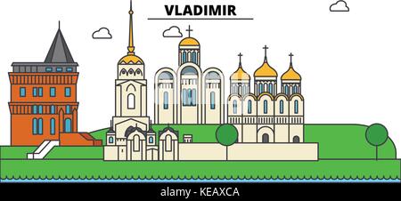 Russland, Wladimir. Skyline der Stadt, Architektur, Gebäude, Straßen, Silhouette, Landschaft, Panorama, Wahrzeichen. bearbeitbaren Anschläge. Flaches Design line Vector Illustration Konzept. isolierte Symbole gesetzt Stock Vektor