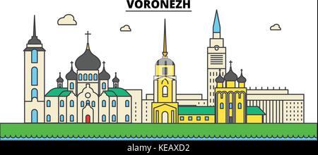 Russland, Woronesch. Skyline der Stadt, Architektur, Gebäude, Straßen, Silhouette, Landschaft, Panorama, Wahrzeichen. bearbeitbaren Anschläge. Flaches Design line Vector Illustration Konzept. isolierte Symbole gesetzt Stock Vektor