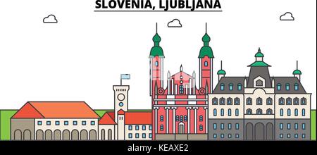 Slowenien, Ljubljana. Skyline der Stadt, Architektur, Gebäude, Straßen, Silhouette, Landschaft, Panorama, Wahrzeichen. bearbeitbaren Anschläge. Flaches Design line Vector Illustration Konzept. isolierte Symbole gesetzt Stock Vektor