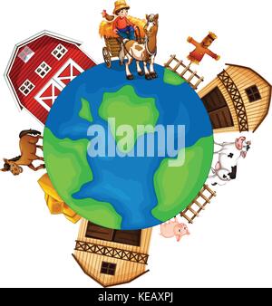 Abbildung: vielen landwirtschaftlichen Gebäuden und Tieren rund um die Welt Stock Vektor