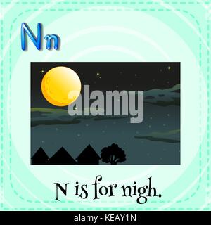 Flashcard Buchstaben n für Nacht Stock Vektor