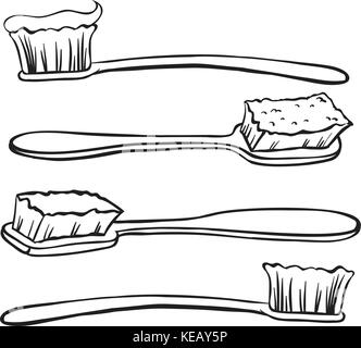 Vier verschiedene Ausführungen von Zahnbürsten mit Paste Stock Vektor