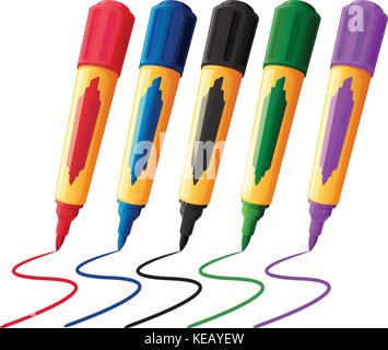 Fünf Farben Marker mit der Kappe auf Stock Vektor