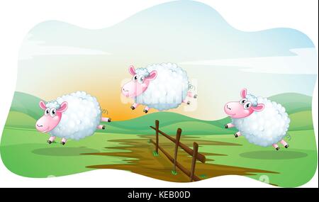 Drei Schafe springen über den Zaun Stock Vektor