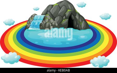 Kreis der Regenbogen um die Grotte mit Wasserfall Stock Vektor