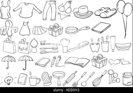 Doodles verschiedener Kleidung und Sachen Stock Vektor