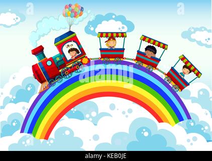 Zug reiten auf dem Regenbogen am Himmel Stock Vektor