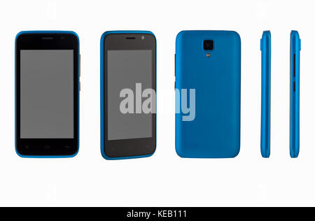 Mit verschiedenen Seiten eines Mobiltelefons auf weißem Hintergrund Stockfoto