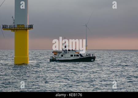 Ein CTV- oder Besatzungsschiff auf der Rampion Offshore Windfarm in der Nähe von Brighton, England Stockfoto