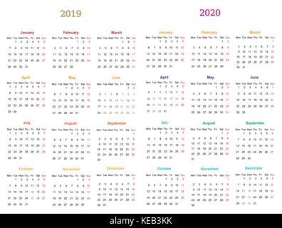 12 Monate Kalender Design 2019-2020 Druckbare und bearbeitet werden. Stock Vektor