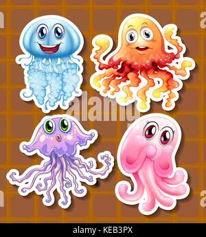 Aufkleber von bunten Octopus auf braunem Hintergrund Stock Vektor