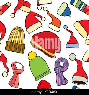 Bunte winter Kleidung Mütze schal Handschuhe Ohrenschützer nahtlose Muster auf weißem Hintergrund Stock Vektor