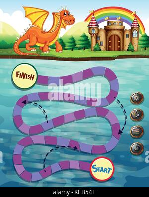 Brettspiel Vorlage mit Drachen und Schloss Stock Vektor