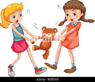 Zwei Mädchen kämpfen für einen Teddybären Stock Vektor