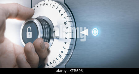 Hand drehen eine sichere Verriegelung Zifferblatt mit Zahlen, Interpunktionszeichen, Buchstaben und Symbolen. Konzept des sicheren und sicheres Kennwort generation. zusammengesetzte Bild zwische Stockfoto