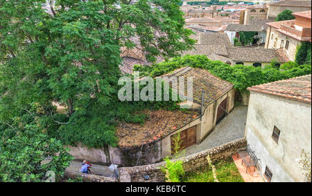 Trujillo, Spanien - Juni 4, 2017: Blick von der Burg in das Zentrum der mittelalterlichen Stadt Trujillo. Caceres, Extremadura, Spanien Stockfoto