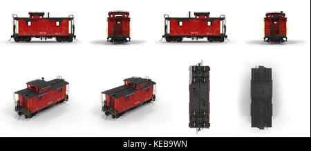 Red caboose isoliert auf Weiss. 3D-Darstellung Stockfoto