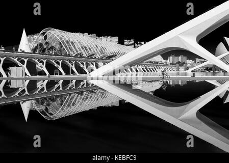 Eine Reflexion von L'Umbracle, El Museu de les Ciències Príncipe Felipe, und L'Hemisfèric in der Ciudad de las Artes y las Ciencias in Valencia, Spanien Stockfoto