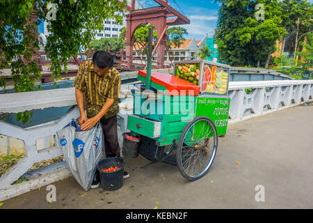 Jakarta, Indonesien - 3. März, 2017: lokale Mann stand neben seinem Small Business Trolley, Verkauf von Obst in der Straße Stockfoto