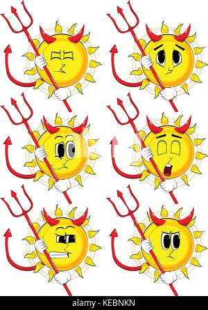 Cartoon devil Sonne mit Pitchfork. Sammlung mit traurigen Gesichtern. Ausdrücke Vektor einrichten. Stock Vektor