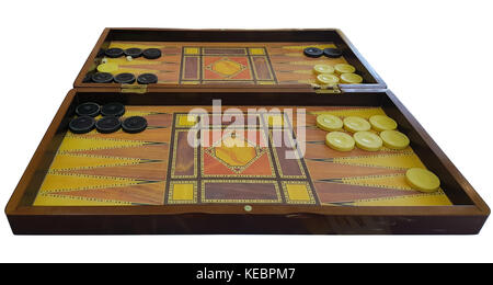 Alte hölzerne Backgammon Tabelle auf weißem Hintergrund Stockfoto