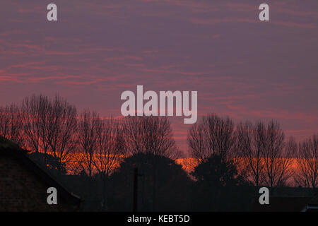 Ashford, Kent, Großbritannien. 19. Oktober, 2017. UK Wetter: schönen ruhigen Bedingungen wie die Morgenröte bricht mit einigen wunderschönen roten und orangen Farben. Foto: Paul Lawrenson/Alamy leben Nachrichten Stockfoto