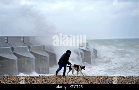 Brighton, Großbritannien. Oktober 2017. Ein Hundeschlittenläufer macht heute Morgen einen Strandspaziergang bei windigem Wetter an der Küste von Brighton, während Storm Brian in den nächsten Tagen mit starkem Wind und Regenvorhersage nach Großbritannien fährt. Credit: Simon Dack/Alamy Live News Stockfoto