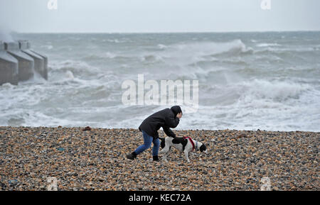 Brighton, Großbritannien. Oktober 2017. Ein Hundeschlittenläufer macht heute Morgen einen Strandspaziergang bei windigem Wetter an der Küste von Brighton, während Storm Brian in den nächsten Tagen mit starkem Wind und Regenvorhersage nach Großbritannien fährt. Credit: Simon Dack/Alamy Live News Stockfoto