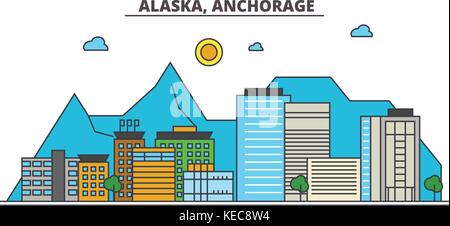 Alaska, Anchorage. Skyline der Stadt Architektur, Gebäude, Straßen, Silhouette, Landschaft, Panorama, Sehenswürdigkeiten, Symbole. bearbeitbaren Anschläge. Flaches Design line Vector Illustration Konzept. Stock Vektor