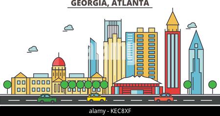 Georgia, Atlanta. Skyline der Stadt Architektur, Gebäude, Straßen, Silhouette, Landschaft, Panorama, Sehenswürdigkeiten, Symbole. bearbeitbaren Anschläge. Flaches Design line Vector Illustration Konzept. Stock Vektor