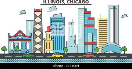 Illinois, Chicago. Skyline der Stadt Architektur, Gebäude, Straßen, Silhouette, Landschaft, Panorama, Sehenswürdigkeiten, Symbole. bearbeitbaren Anschläge. Flaches Design line Vector Illustration Konzept. Stock Vektor