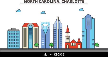 North Carolina, Charlotte. Skyline der Stadt Architektur, Gebäude, Straßen, Silhouette, Landschaft, Panorama, Sehenswürdigkeiten, Symbole. bearbeitbaren Anschläge. Flaches Design line Vector Illustration Konzept. Stock Vektor