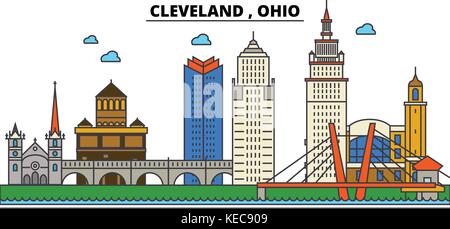 Ohio, Cleveland. Skyline der Stadt Architektur, Gebäude, Straßen, Silhouette, Landschaft, Panorama, Sehenswürdigkeiten, Symbole. bearbeitbaren Anschläge. Flaches Design line Vector Illustration Konzept. Stock Vektor