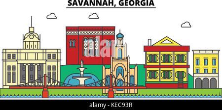 Savannah, Georgia. Skyline der Stadt, Architektur, Gebäude, Straßen, Silhouette, Landschaft, Panorama, Sehenswürdigkeiten, Symbole. bearbeitbaren Anschläge. Flaches Design line Vector Illustration Konzept Stock Vektor