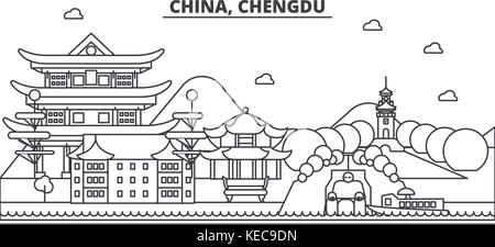 China, Chengdu Architektur Linie skyline Abbildung. linear vector Stadtbild mit berühmten Wahrzeichen und Sehenswürdigkeiten der Stadt, Design Icons. Landschaft mit editierbaren Anschläge Stock Vektor