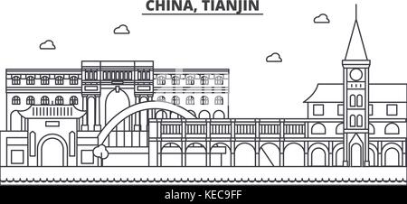 China, Tianjin 1 Architektur Linie skyline Abbildung. linear vector Stadtbild mit berühmten Wahrzeichen und Sehenswürdigkeiten der Stadt, Design Icons. Landschaft mit editierbaren Anschläge Stock Vektor